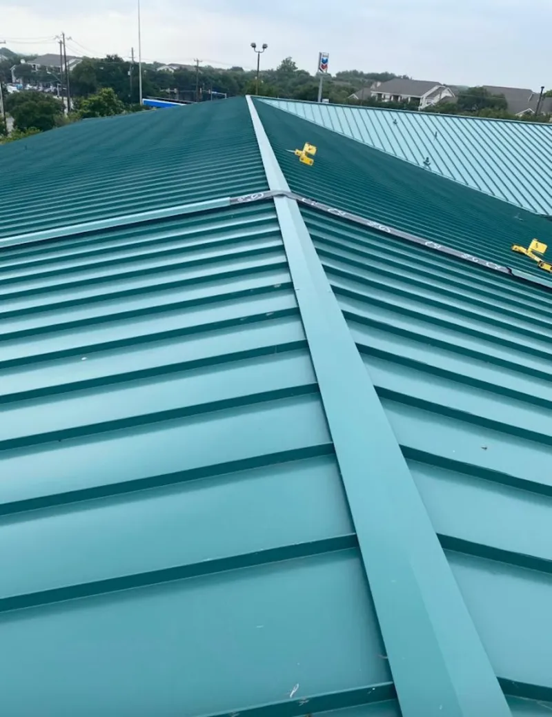 Green commercial metal roof ridge and valley for Metal Roof Repair in River Forest
